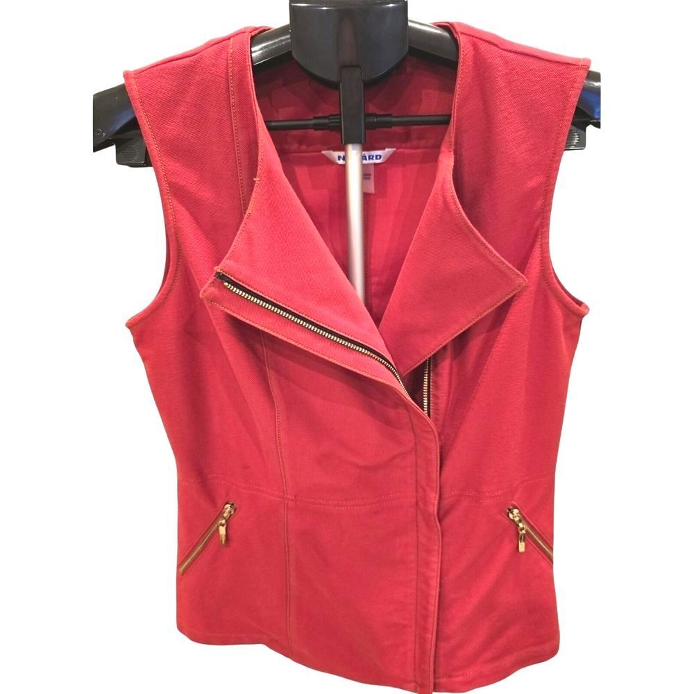 Nygard Red Stretch Denim Moto Vest Womens M Gold Zippers Biker Sleeveless Jacket